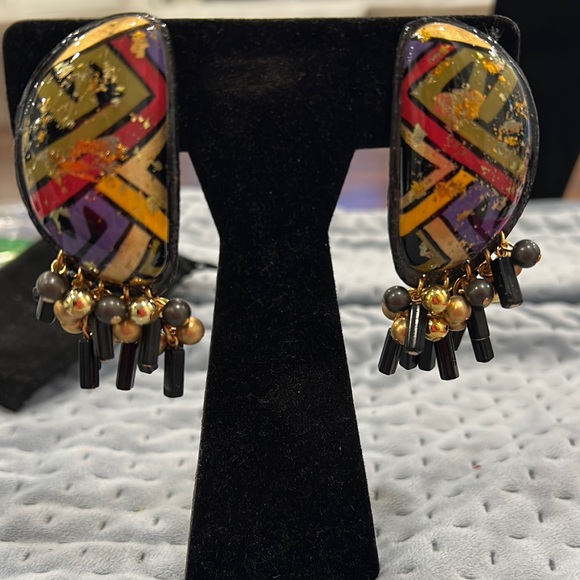 Vintage IKARAMI Hand-painted Tribal Pattern Earrings-Boutique - Picture 1 of 5